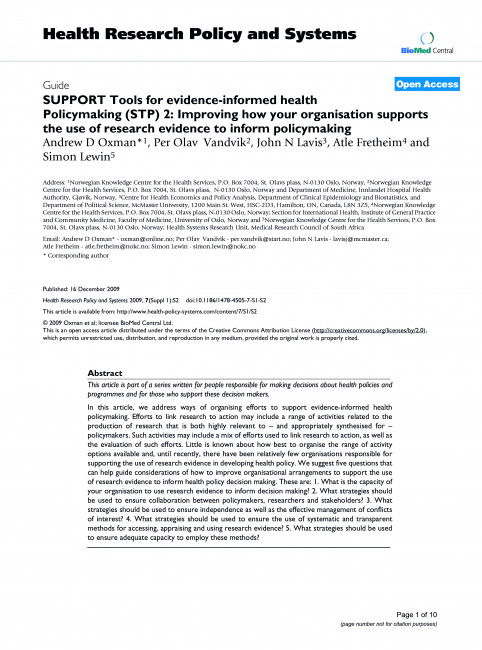 SUPPORT Tools for evidence-informed health Policymaking (STP) 2: Improving how your organisation supports the use of research evidence to inform policymaking