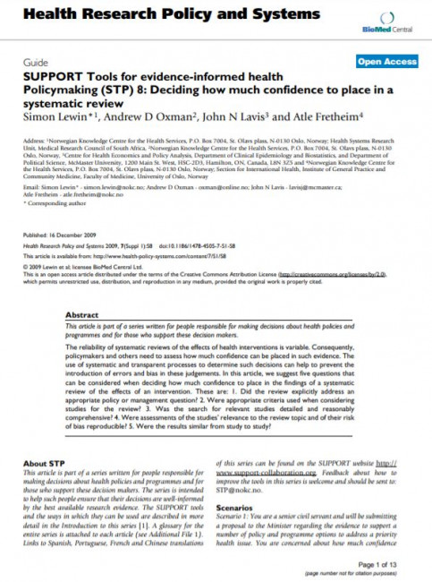 SUPPORT Tools for evidence-informed health Policymaking (STP) 8: Deciding how much confidence to place in a systematic review