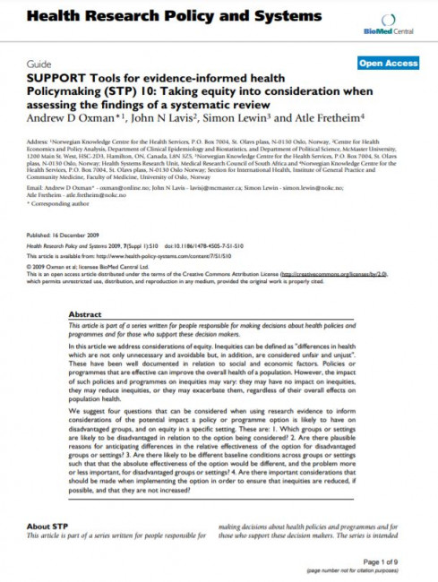 SUPPORT Tools for evidence-informed health Policymaking (STP) 10: Taking equity into consideration when assessing the findings of a systematic review