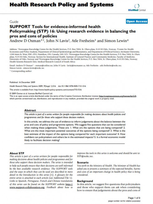 SUPPORT Tools for evidence-informed health Policymaking (STP) 16: Using research evidence in balancing the pros and cons of policies