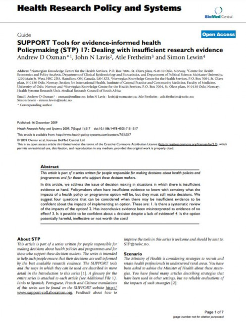 SUPPORT Tools for evidence-informed health Policymaking (STP) 17: Dealing with insufficient research evidence