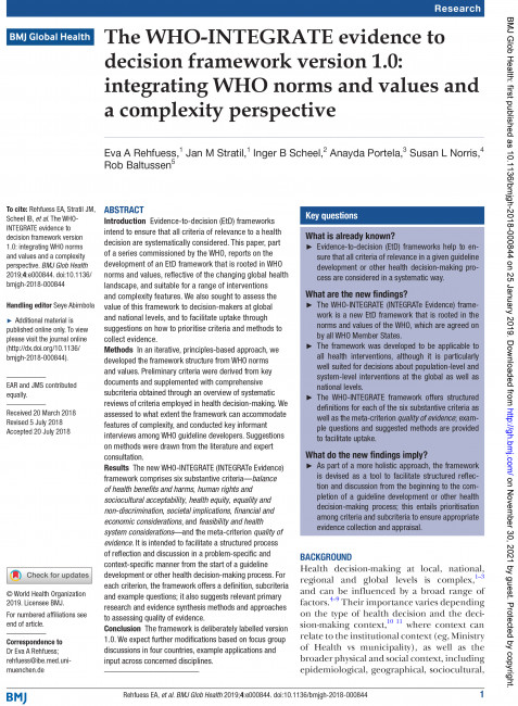 The WHO-INTEGRATE evidence to decision framework version 1.0: integrating WHO norms and values and a complexity perspective