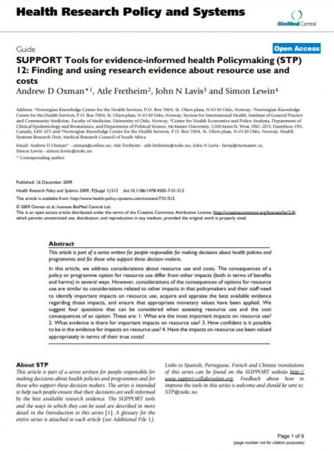 SUPPORT Tools for evidence-informed health Policymaking (STP) 12: Finding and using research evidence about resource use and costs