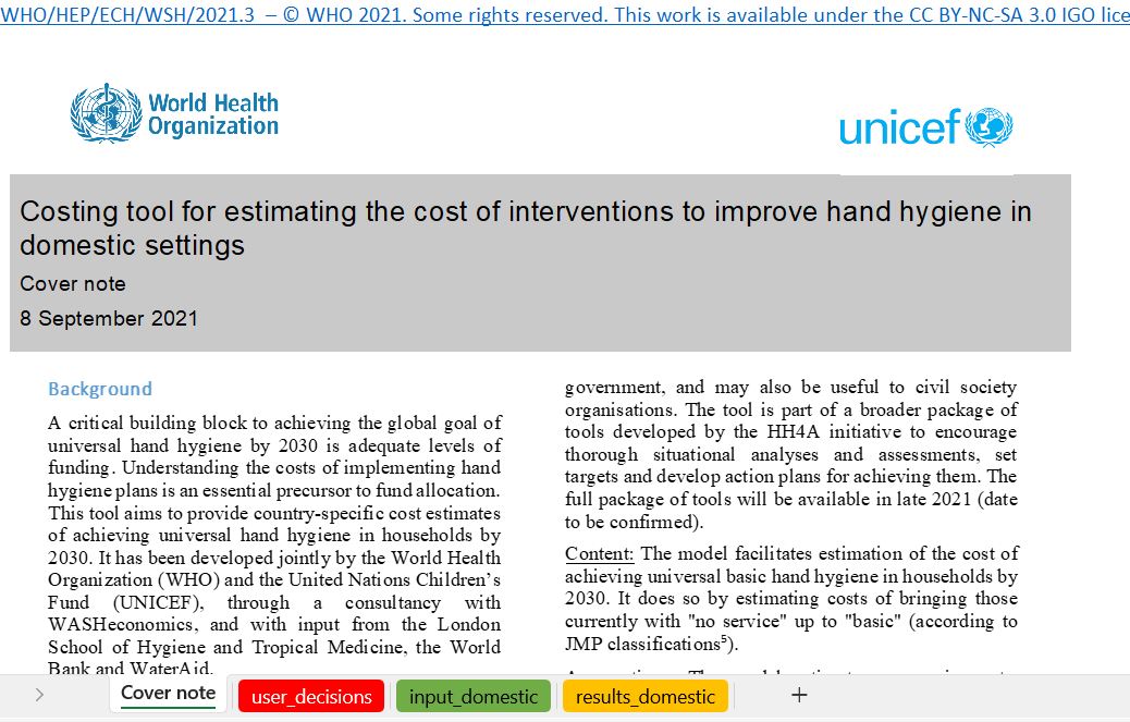 Costing tool for estimating the cost of interventions to improve hand hygiene in domestic settings