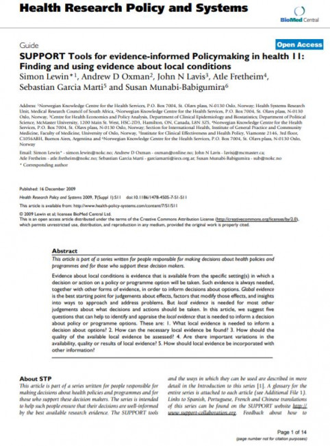 SUPPORT Tools for evidence-informed Policymaking in health (STP) 11: Finding and using evidence about local conditions