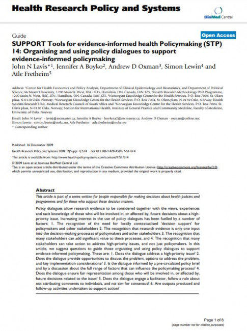 SUPPORT Tools for evidence-informed health Policymaking (STP) 14: Organising and using policy dialogues to support evidence-informed policymaking