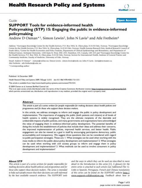 SUPPORT Tools for evidence-informed health Policymaking (STP) 15: Engaging the public in evidence-informed policymaking