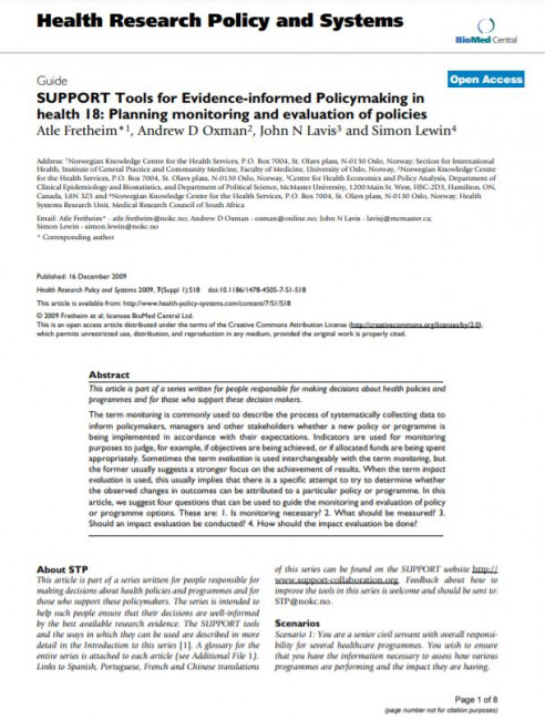 SUPPORT Tools for Evidence-informed Policymaking in health (STP) 18: Planning monitoring and evaluation of policies