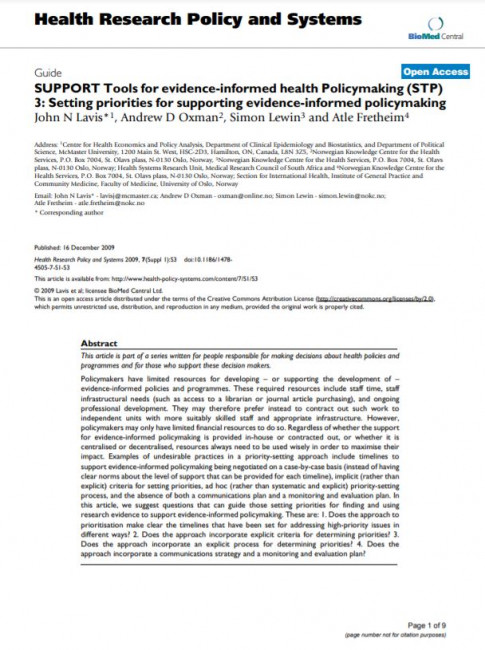 SUPPORT Tools for evidence-informed health Policymaking (STP) 3: Setting priorities for supporting evidence-informed policymaking