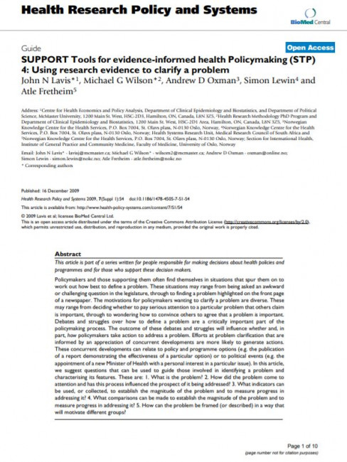 SUPPORT Tools for evidence-informed health Policymaking (STP) 4: Using research evidence to clarify a problem