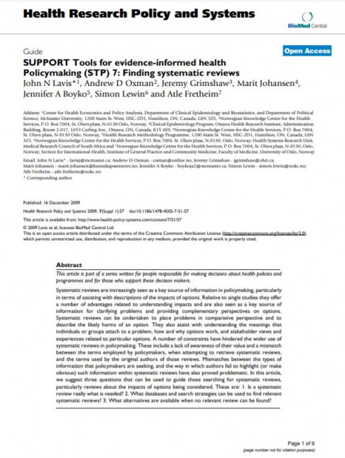 SUPPORT Tools for evidence-informed health Policymaking (STP) 7: Finding systematic reviews