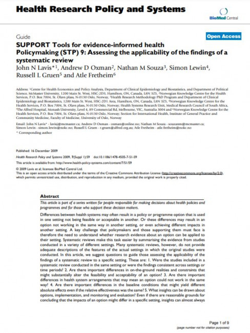 SUPPORT Tools for evidence-informed health Policymaking (STP) 9: Assessing the applicability of the findings of a systematic review