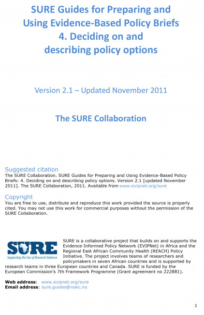 SURE Guides for Preparing and Using Evidence-Based Policy Briefs 4. Deciding on and describing policy options