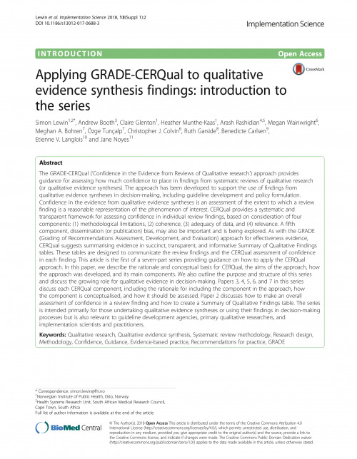 Applying GRADE-CERQual to qualitative evidence synthesis findings: introduction to the series